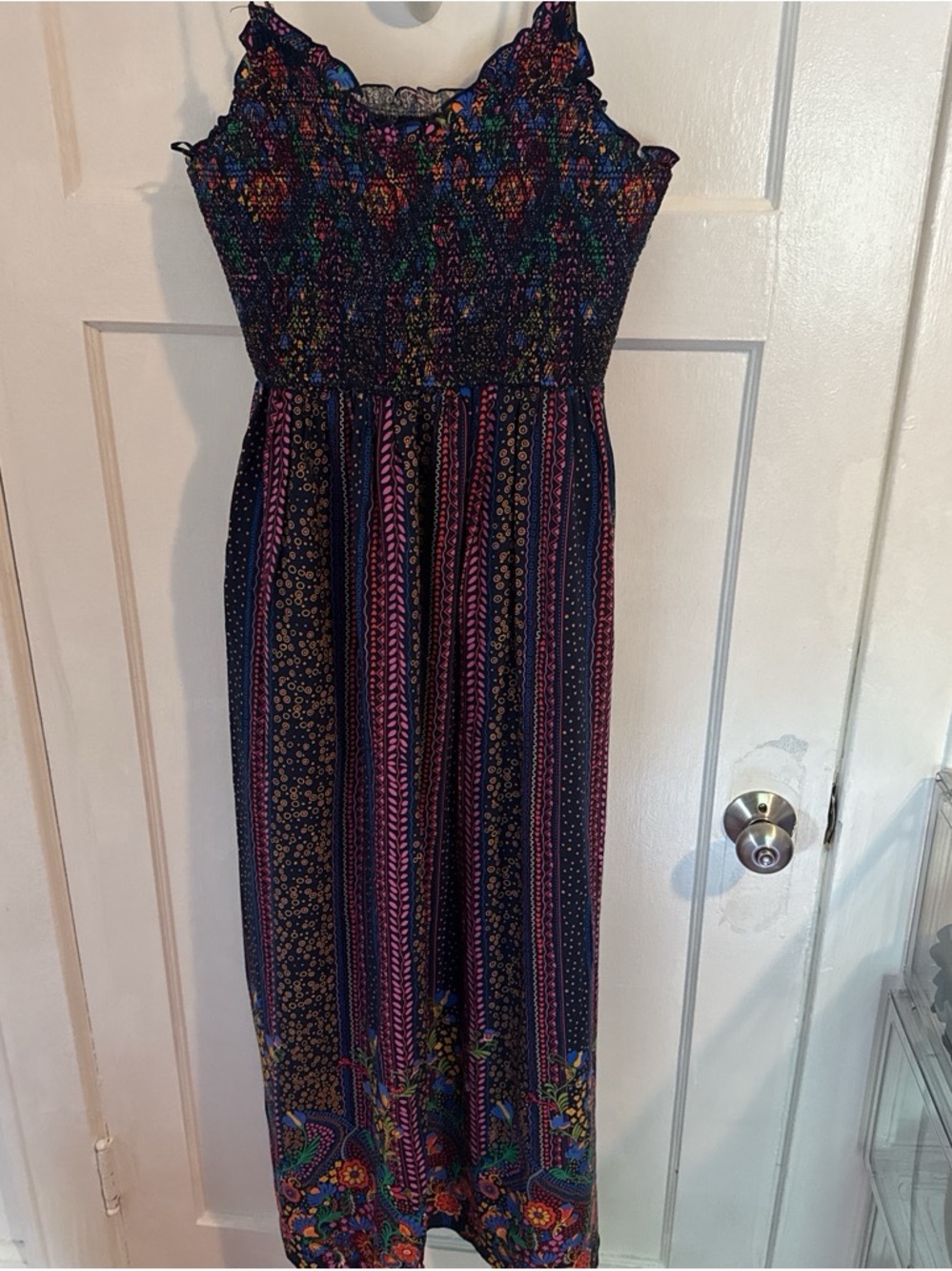 Bohemian Smocked Maxi Dress in Navy Multicolor - Women's